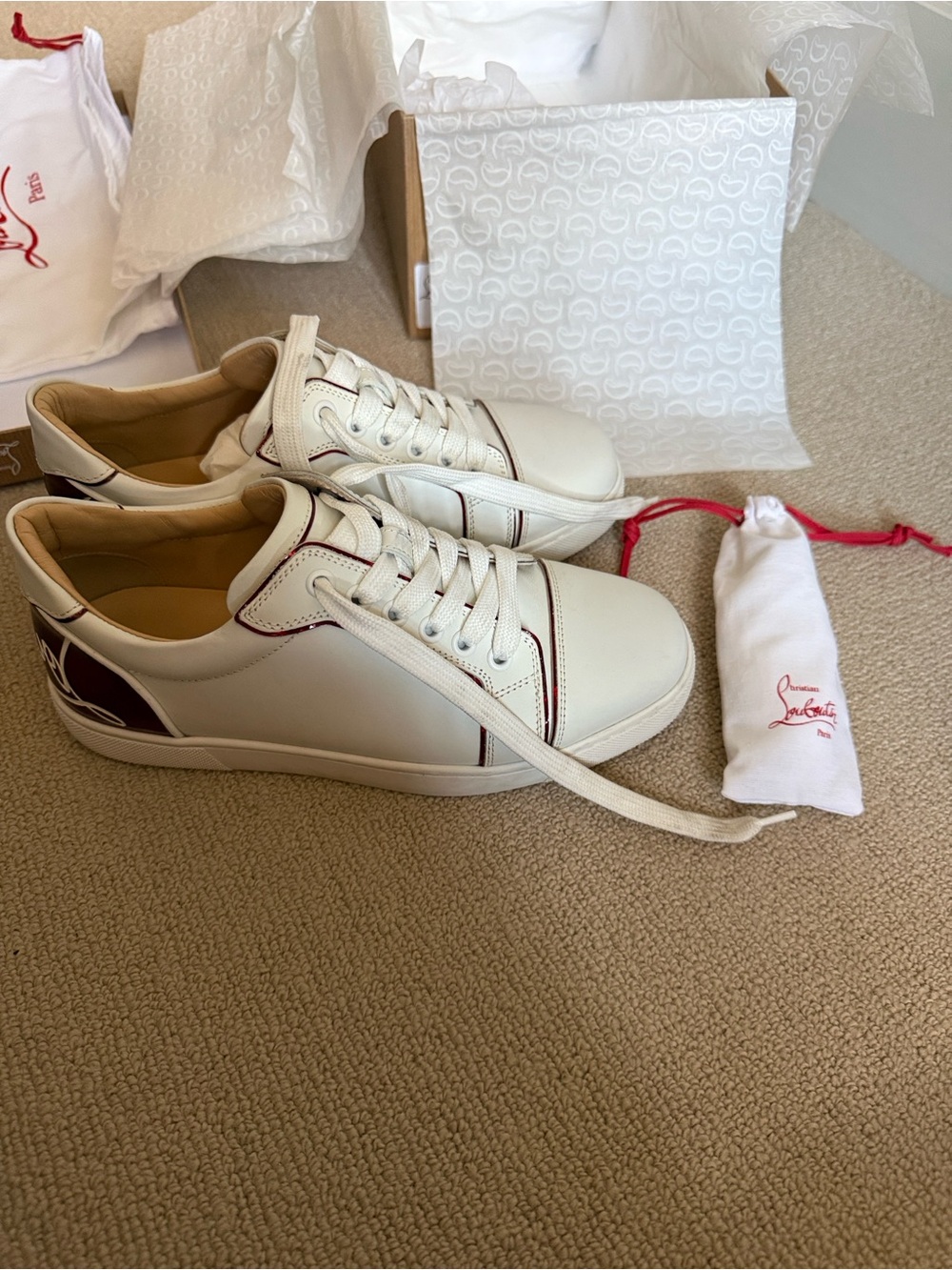 Christian Louboutin White Leather Low-Top Sneakers with Red Trim